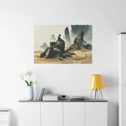 Tableau Jardin Zen Karesansui - Bouddha de Pierre - vue mur grande hauteur