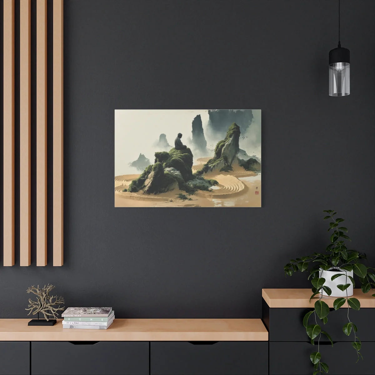 Tableau Jardin Zen Karesansui - Bouddha de Pierre - ambiance loft haut de plafond