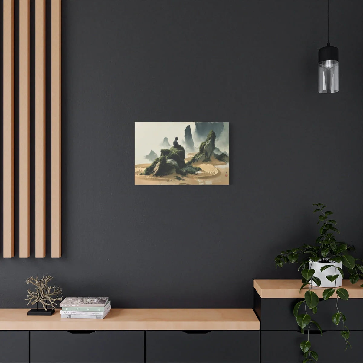 Tableau Jardin Zen Karesansui - Bouddha de Pierre - vue mur béton ciré