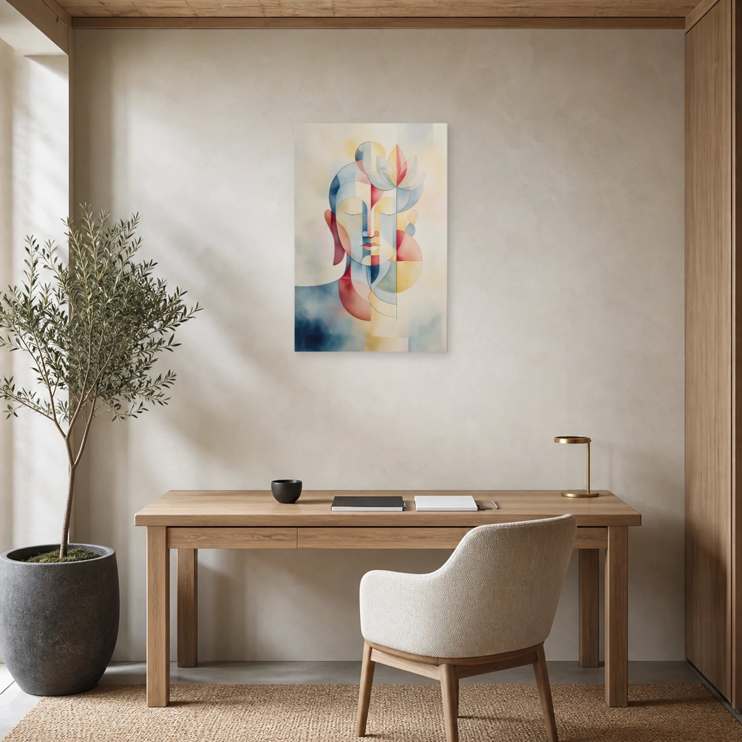 Mockup WebP Tableau Bouddha Minimaliste Flat Scandinave dans un bureau - Art Virtuoso