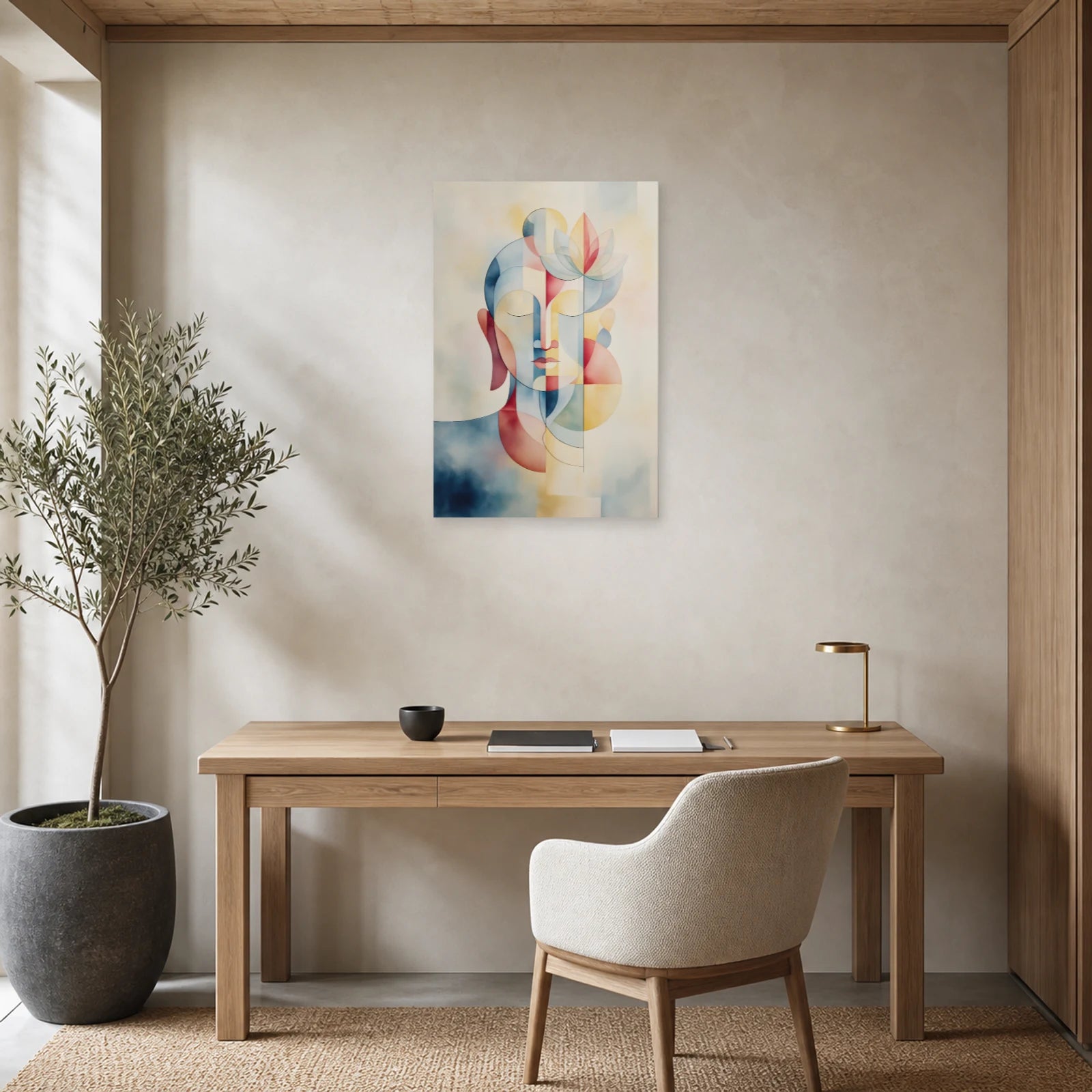 Mockup WebP Tableau Bouddha Minimaliste Flat Scandinave dans un bureau - Art Virtuoso