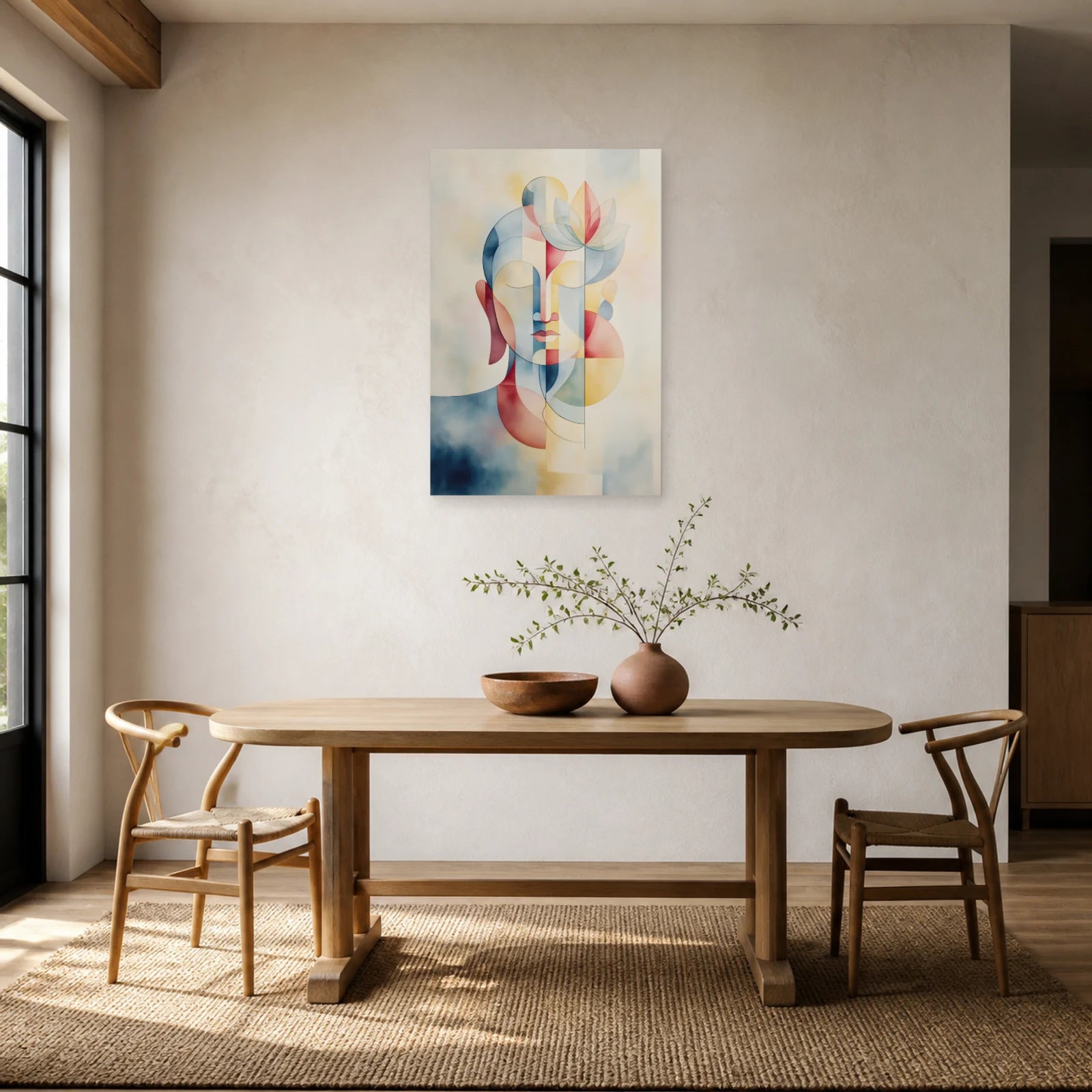 Mockup WebP Tableau Bouddha Minimaliste Flat Scandinave dans une cuisine - Art Virtuoso