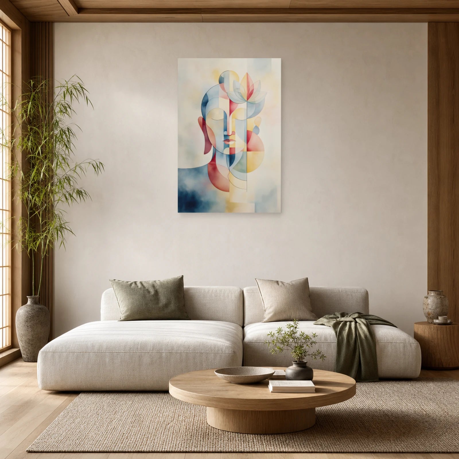 Mockup WebP Tableau Bouddha Minimaliste Flat Scandinave dans un salon - Art Virtuoso