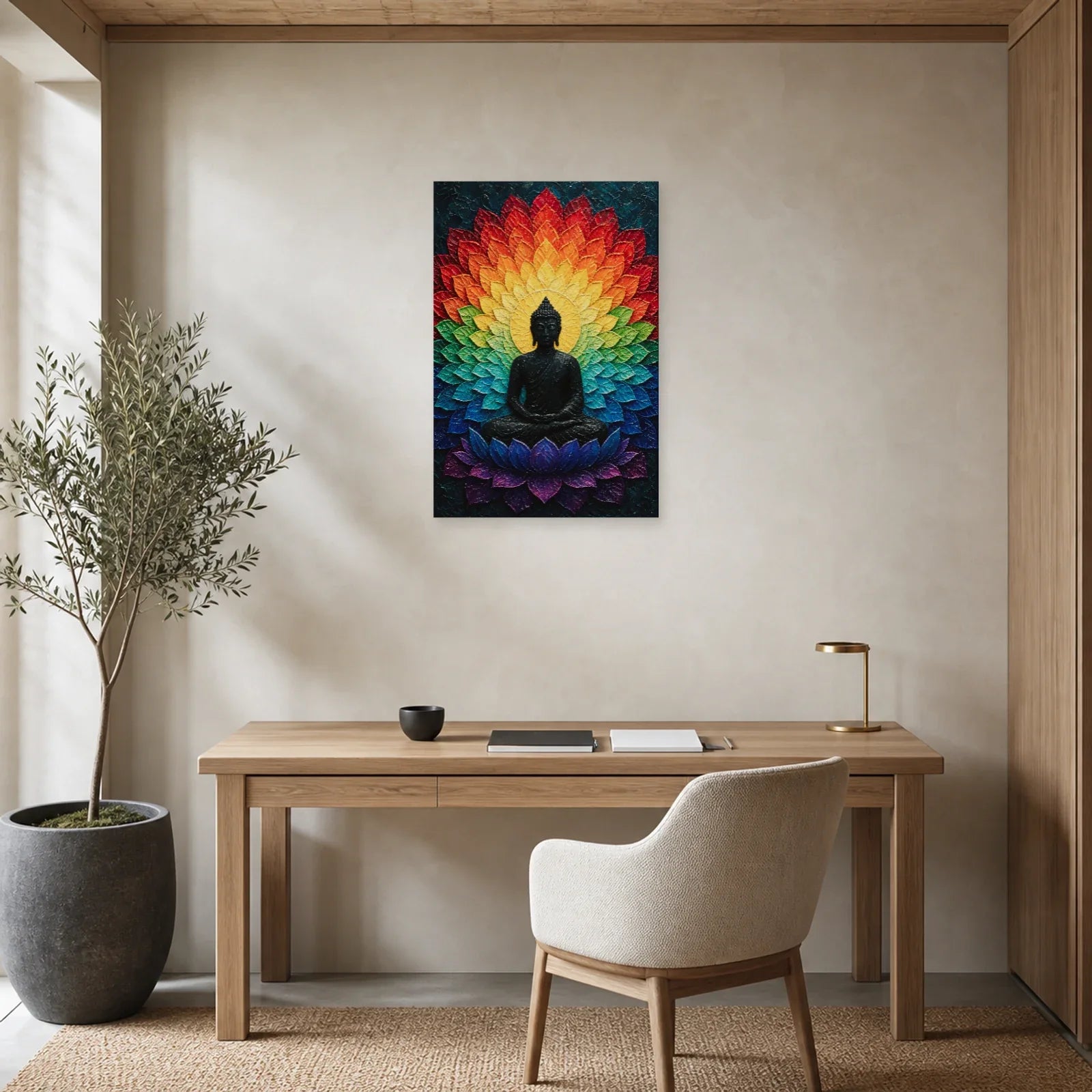 Tableau Bouddha Mandala Arc-en-Ciel - Couleurs Cosmiques dans un bureau - Art Virtuoso