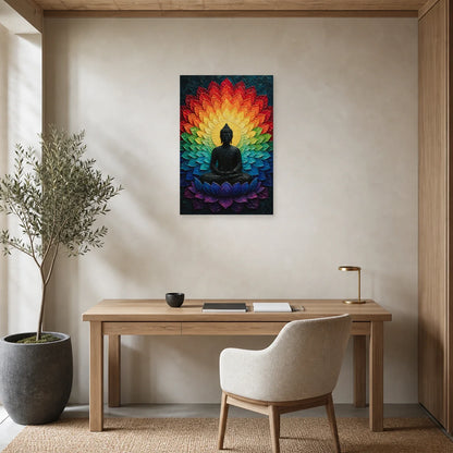 Tableau Bouddha Mandala Arc-en-Ciel - Couleurs Cosmiques dans un bureau - Art Virtuoso
