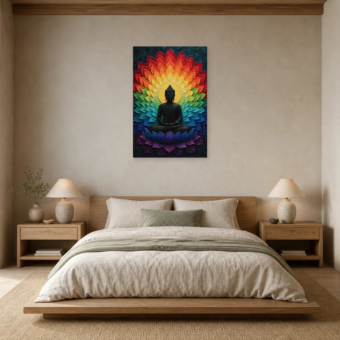 Tableau Bouddha Mandala Arc-en-Ciel - Couleurs Cosmiques dans une chambre - Art Virtuoso