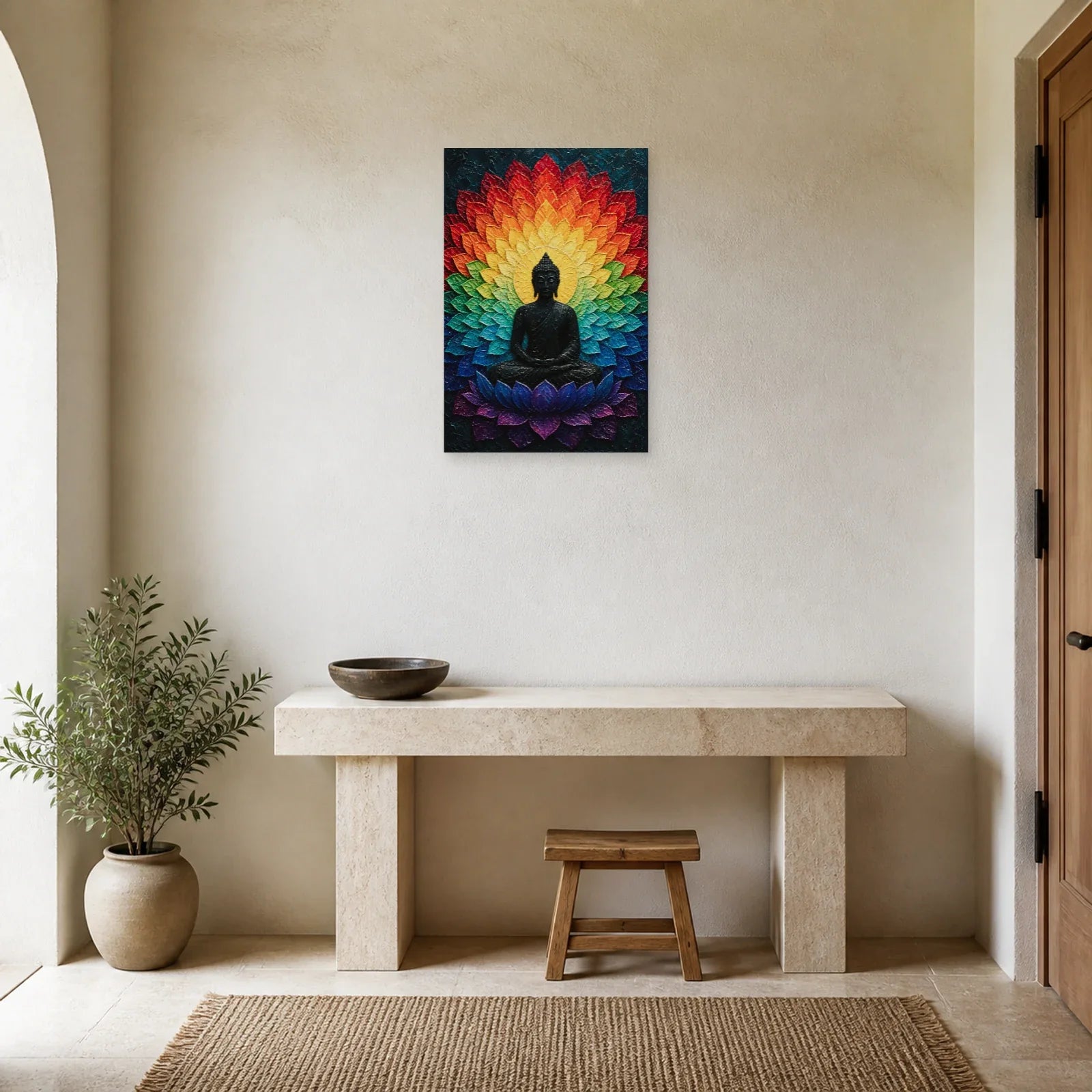 Tableau Bouddha Mandala Arc-en-Ciel - Couleurs Cosmiques dans une entrée ou un couloir - Art Virtuoso