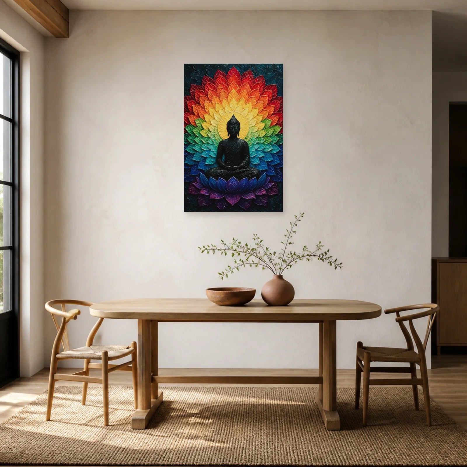 Tableau Bouddha Mandala Arc-en-Ciel - Couleurs Cosmiques dans une salle à manger - Art Virtuoso