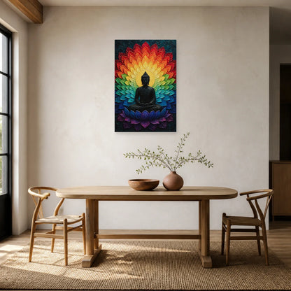 Tableau Bouddha Mandala Arc-en-Ciel - Couleurs Cosmiques dans une salle à manger - Art Virtuoso