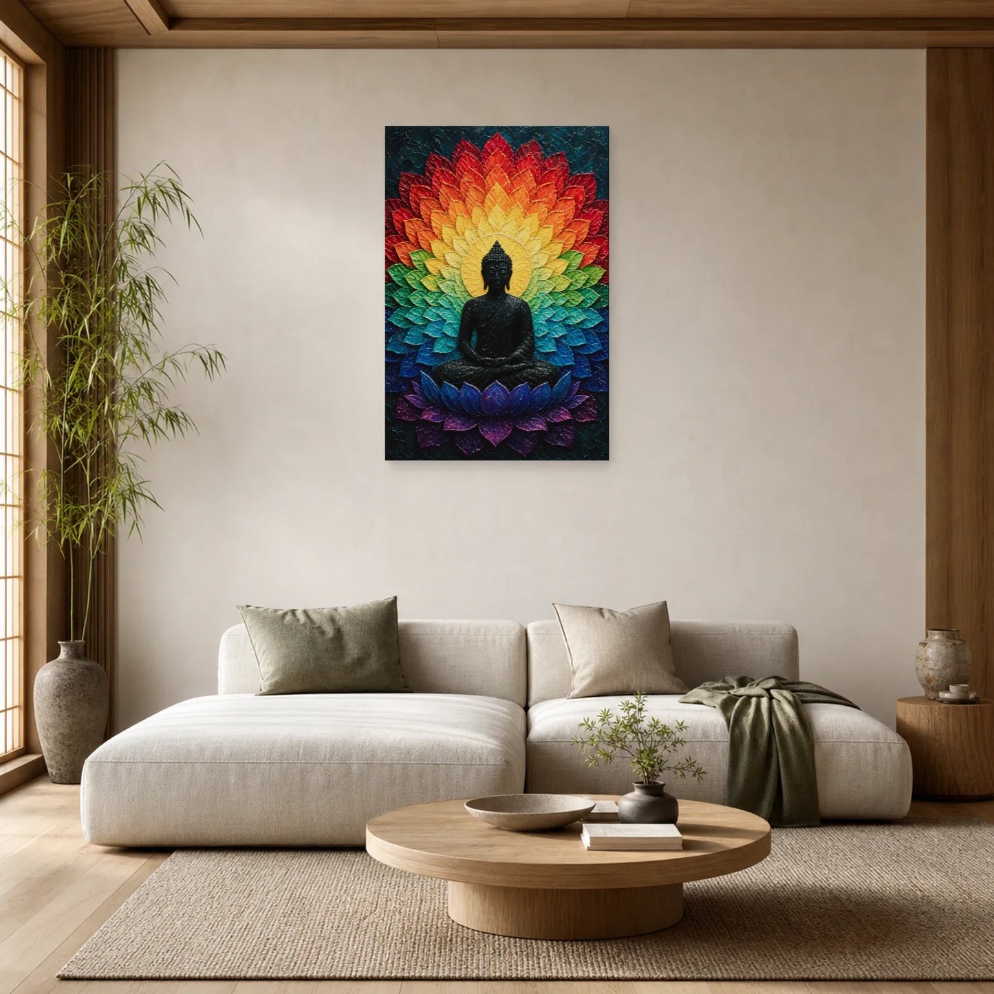 Tableau Bouddha Mandala Arc-en-Ciel - Couleurs Cosmiques dans un salon - Art Virtuoso