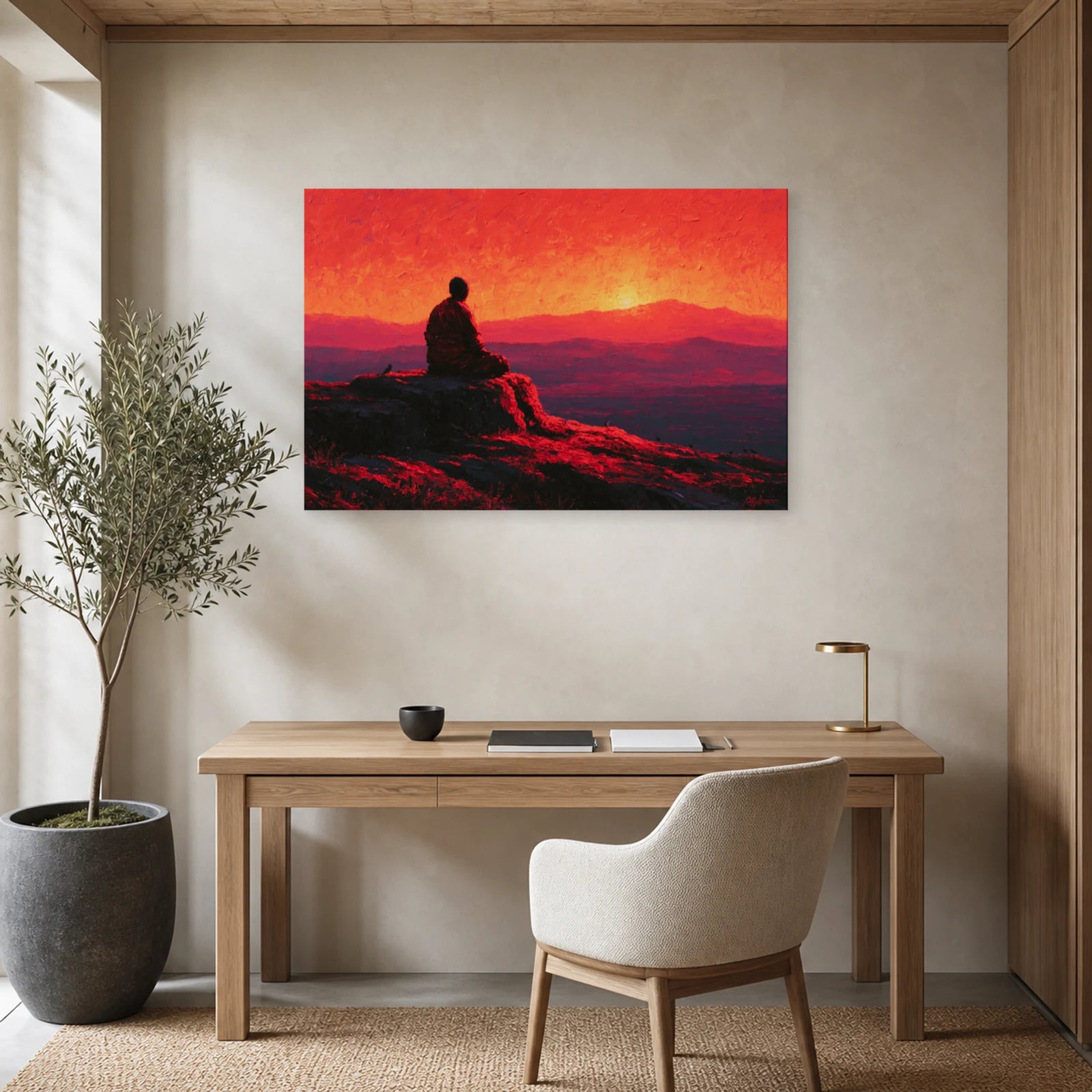 Mockup WebP Tableau Bouddha Ombre Silhouette Coucher Soleil dans un bureau - Art Virtuoso