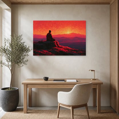 Mockup WebP Tableau Bouddha Ombre Silhouette Coucher Soleil dans un bureau - Art Virtuoso