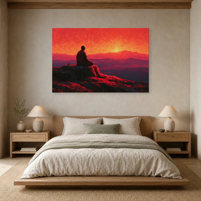 Mockup WebP Tableau Bouddha Ombre Silhouette Coucher Soleil dans une chambre - Art Virtuoso