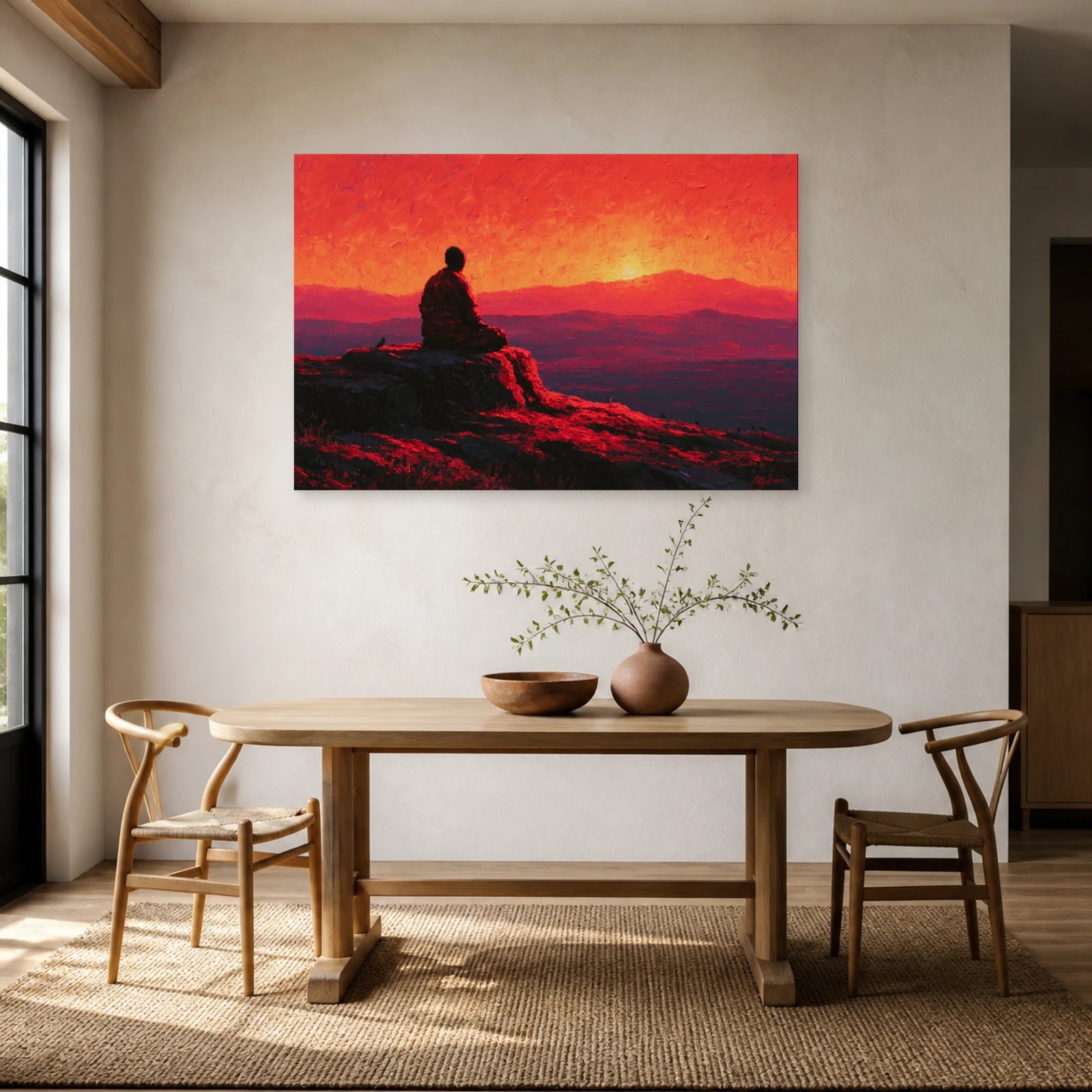 Mockup WebP Tableau Bouddha Ombre Silhouette Coucher Soleil dans une cuisine - Art Virtuoso