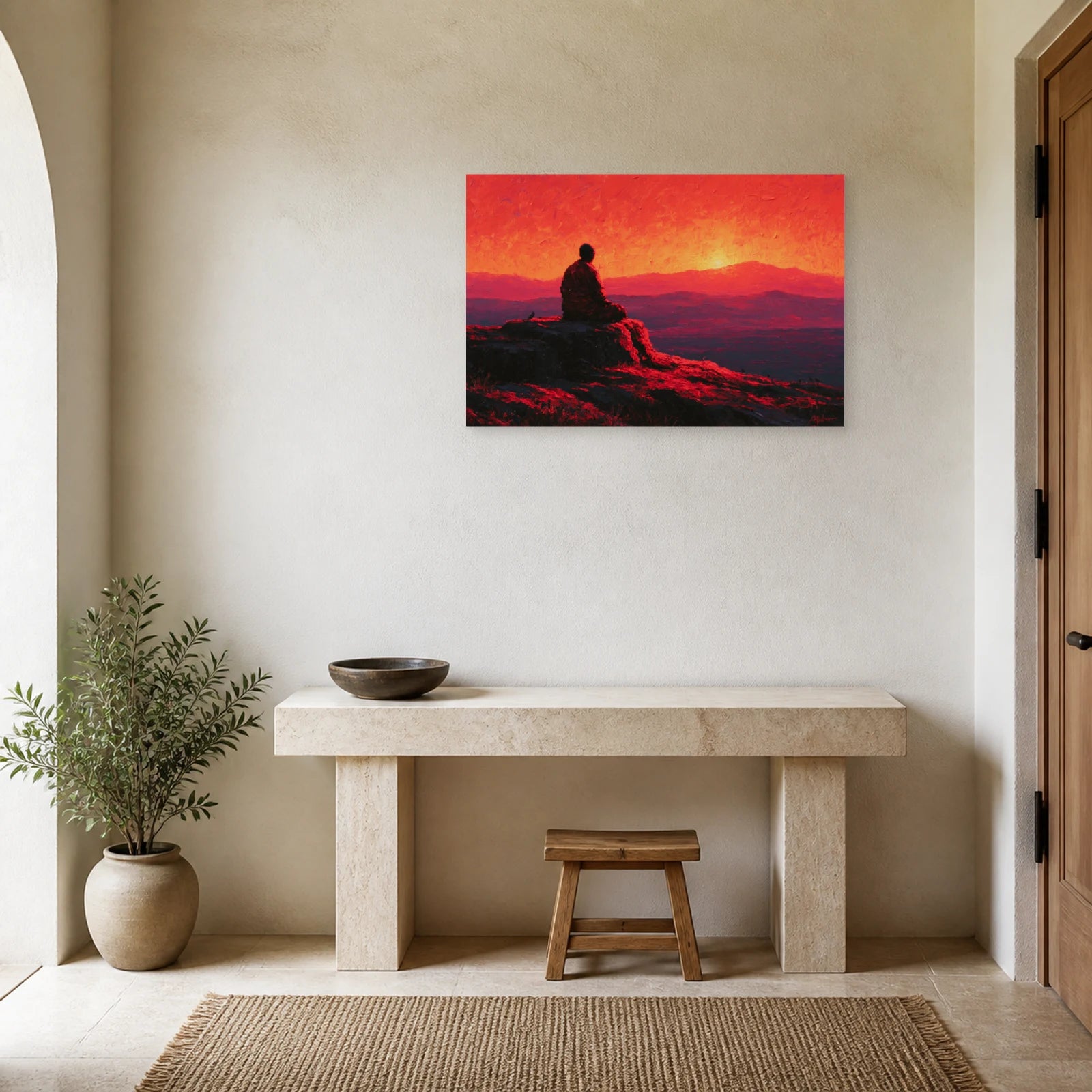 Mockup WebP Tableau Bouddha Ombre Silhouette Coucher Soleil dans une entree ou un couloir - Art Virtuoso