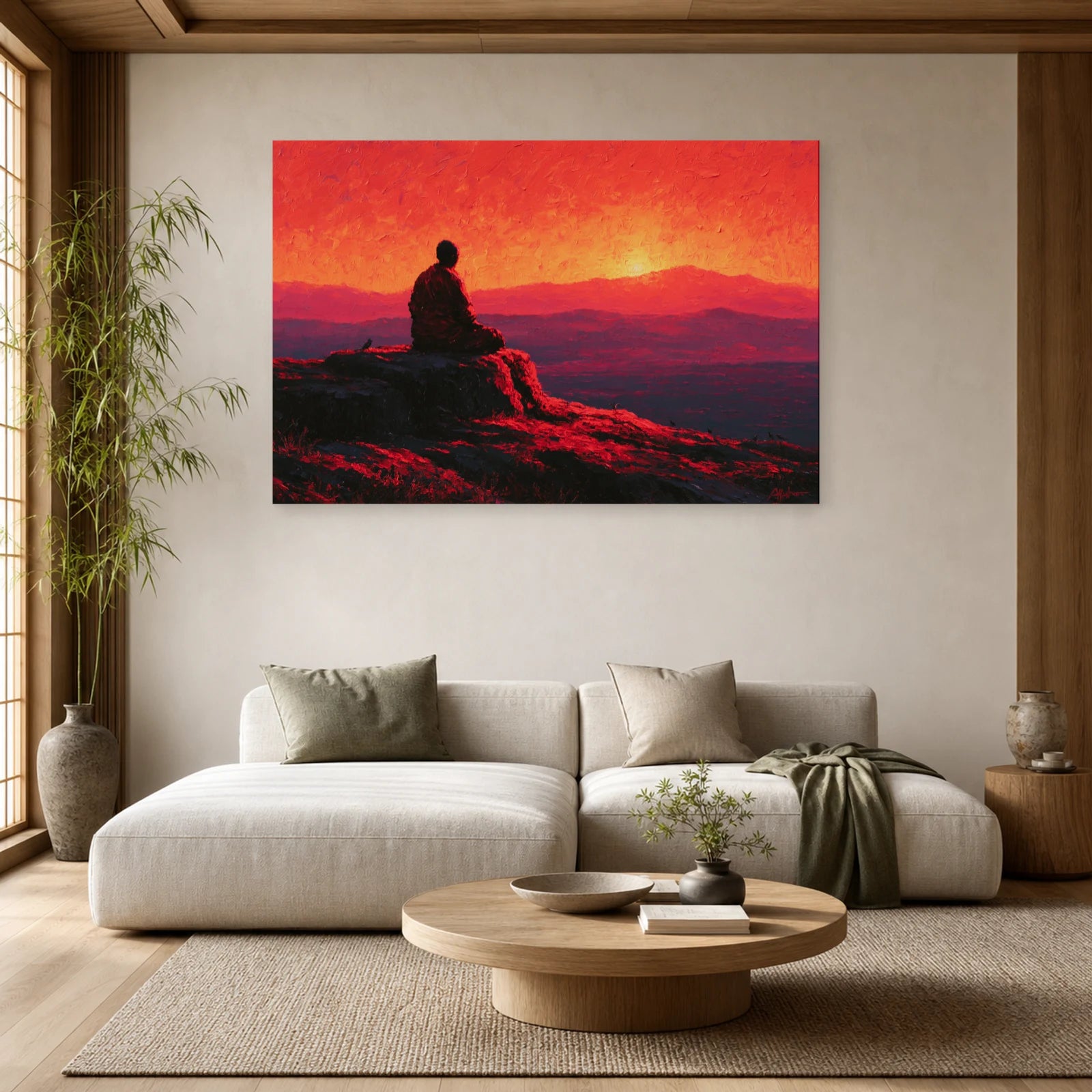Mockup WebP Tableau Bouddha Ombre Silhouette Coucher Soleil dans un salon - Art Virtuoso