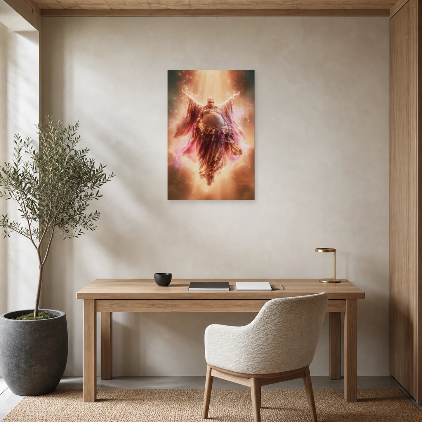 Mockup WebP Tableau Bouddha Rieur Hotei Prosperite dans un bureau - Art Virtuoso