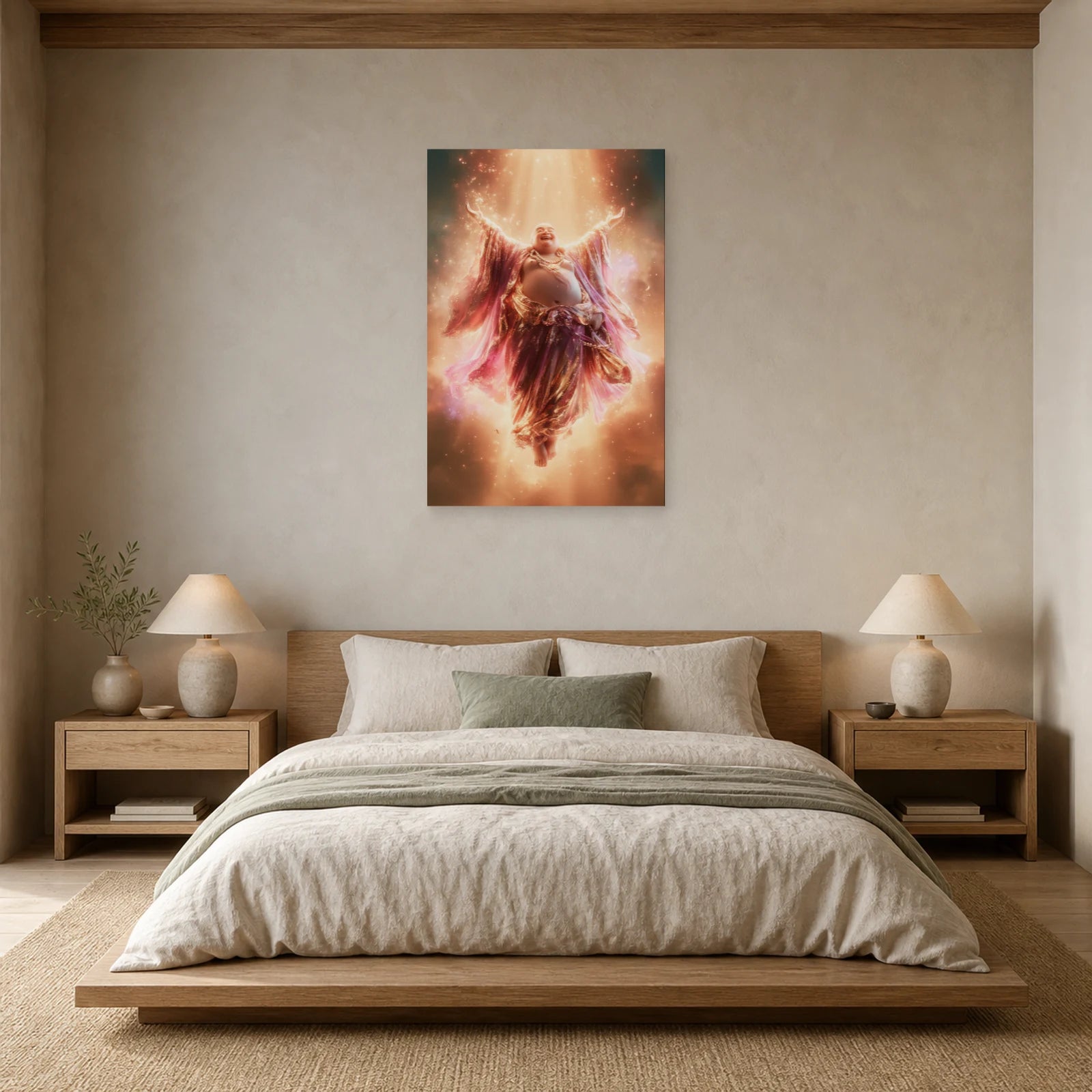 Mockup WebP Tableau Bouddha Rieur Hotei Prosperite dans une chambre - Art Virtuoso