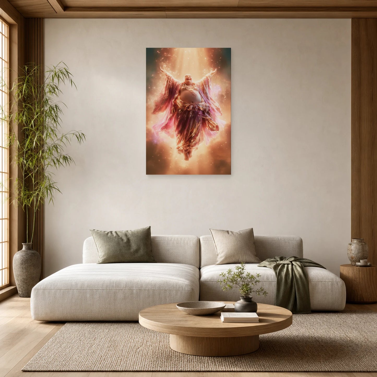 Mockup WebP Tableau Bouddha Rieur Hotei Prosperite dans un salon - Art Virtuoso