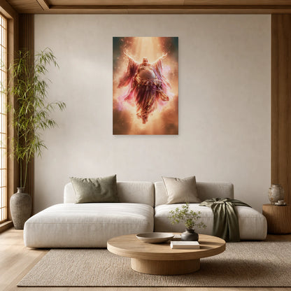 Mockup WebP Tableau Bouddha Rieur Hotei Prosperite dans un salon - Art Virtuoso