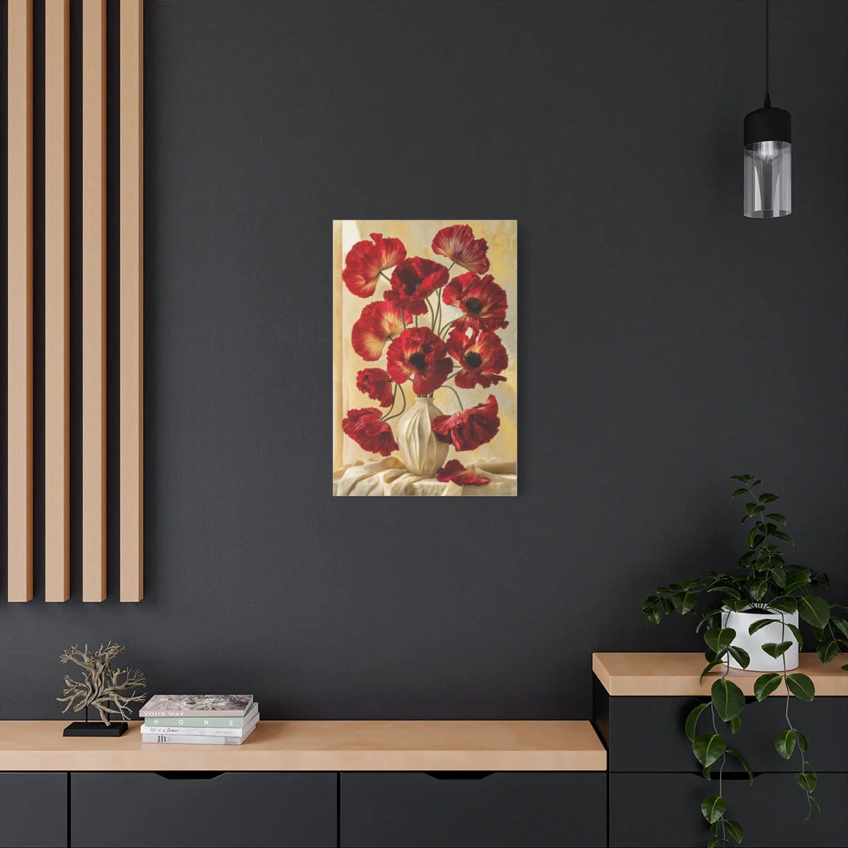 Tableau Bouquet de Coquelicots - Nature Morte Hollandaise - mise en scène mur pierre apparente