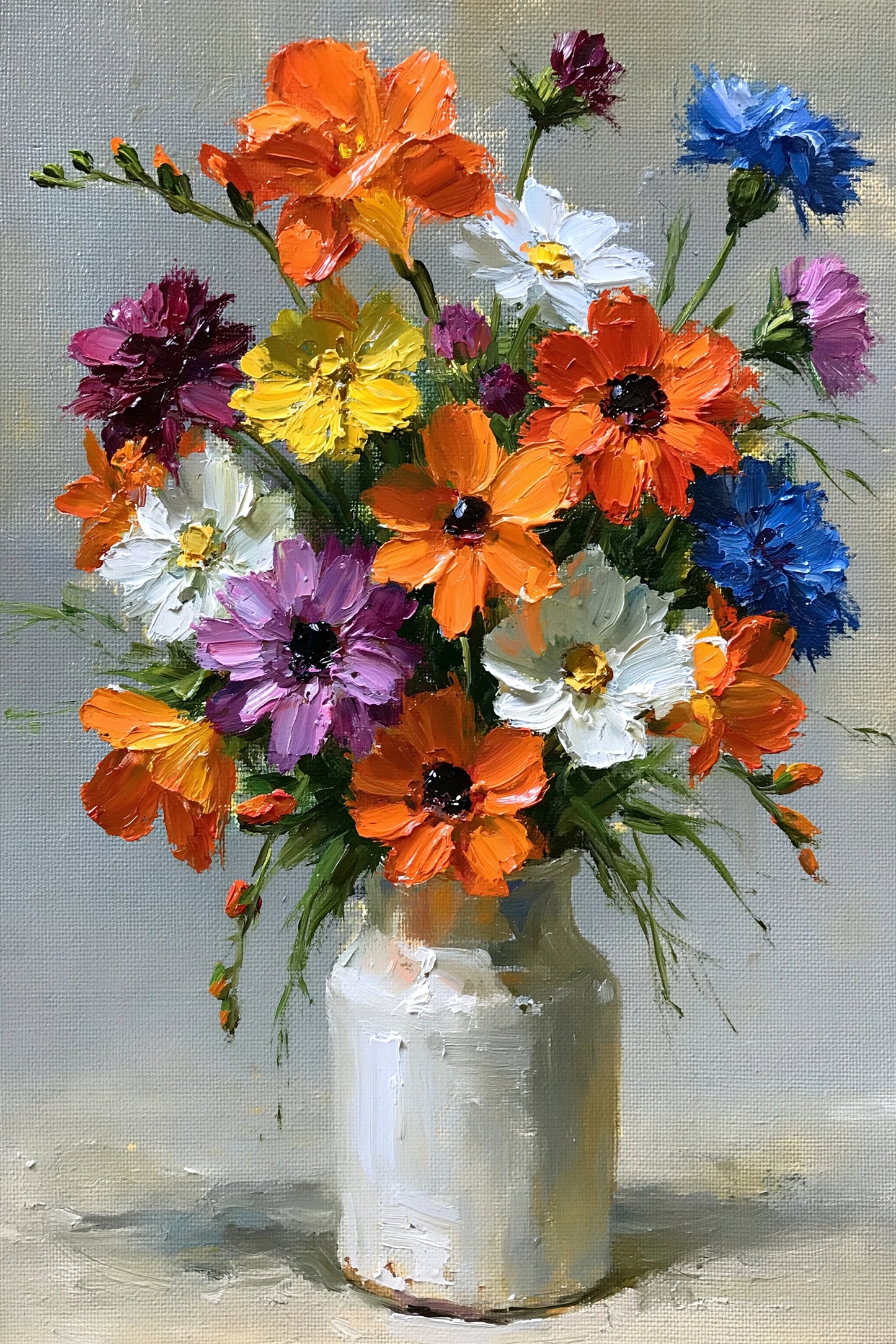 Tableau bouquet de fleurs colorees en vase peinture huile - format L