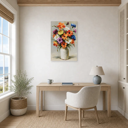 Tableau bouquet de fleurs colorees en vase peinture huile dans un bureau élégant
