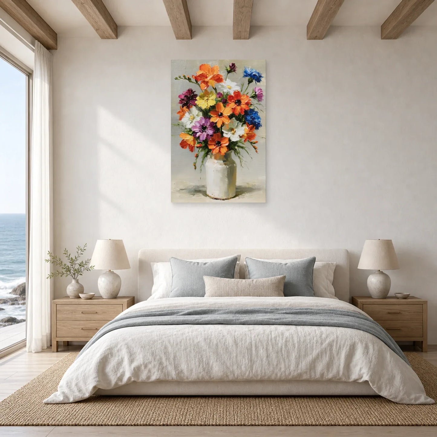 Tableau bouquet de fleurs colorees en vase peinture huile dans une chambre apaisante