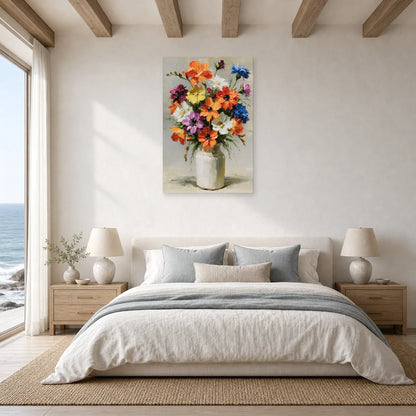 Tableau bouquet de fleurs colorees en vase peinture huile dans une chambre apaisante