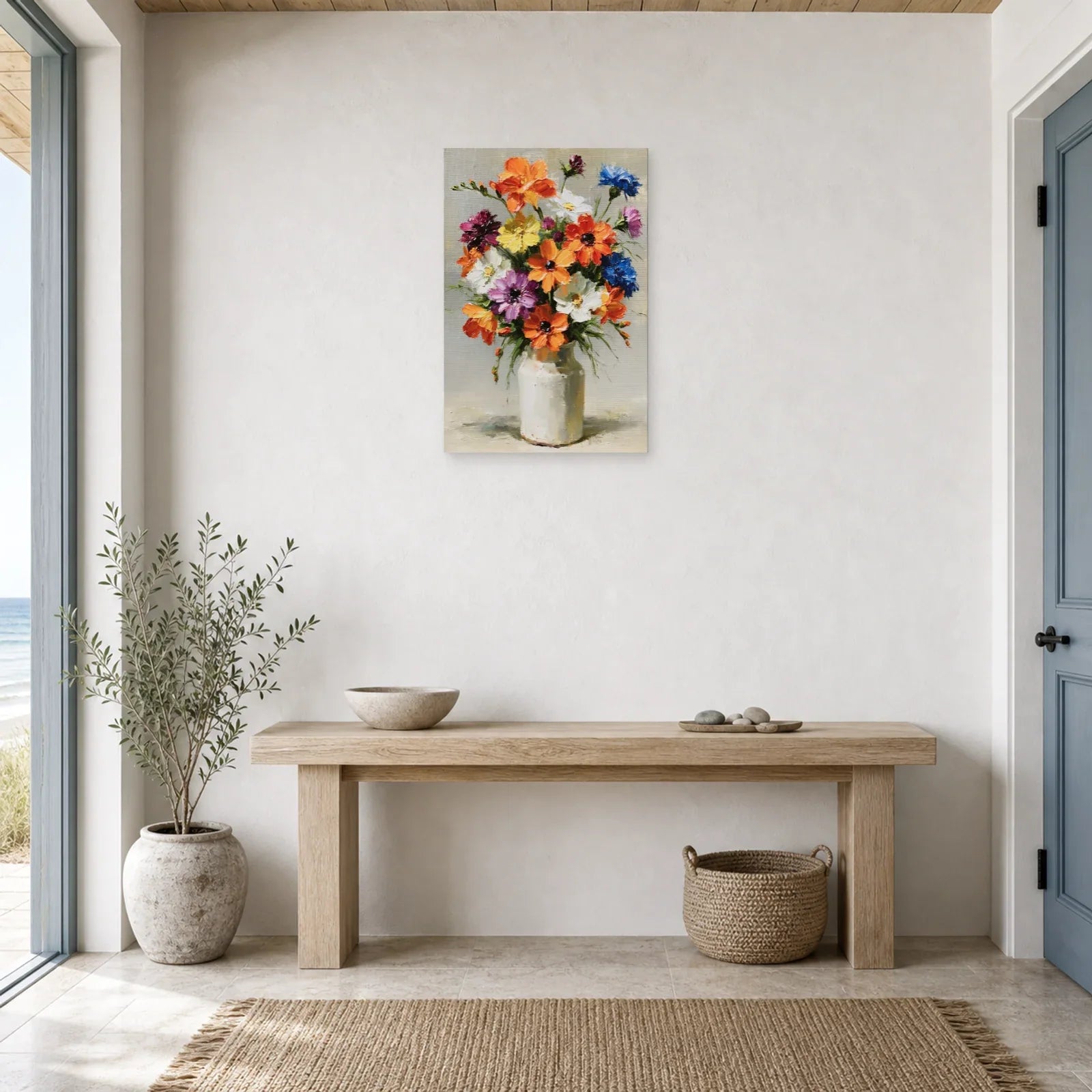 Tableau bouquet de fleurs colorees en vase peinture huile dans une entrée ou un couloir décore