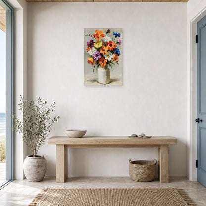Tableau bouquet de fleurs colorees en vase peinture huile dans une entrée ou un couloir décore