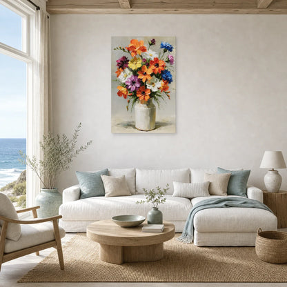 Tableau bouquet de fleurs colorees en vase peinture huile dans un salon contemporain