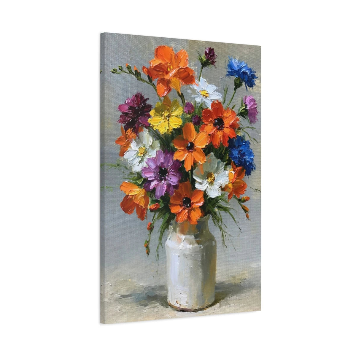 Tableau bouquet de fleurs colorees en vase peinture huile - toile 3D avec bords imprimés visibles