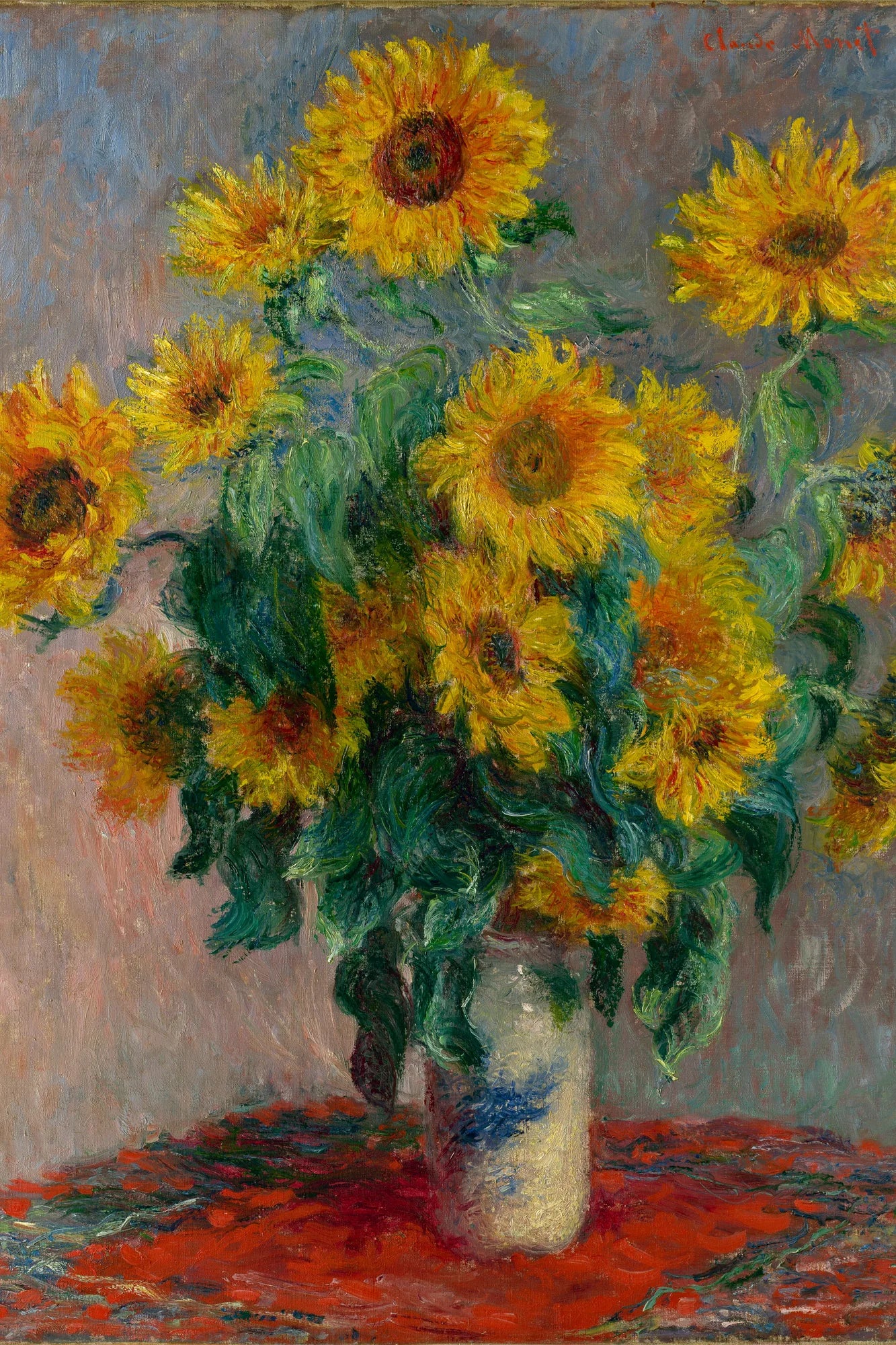 Tableau Bouquet de tournesols de Monet, fleurs jaunes et étoffe rouge – format XXL