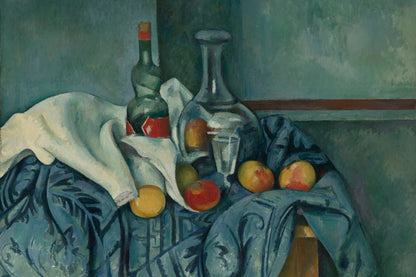 Tableau format L montrant verre à pied, fruits et étoffes plissées