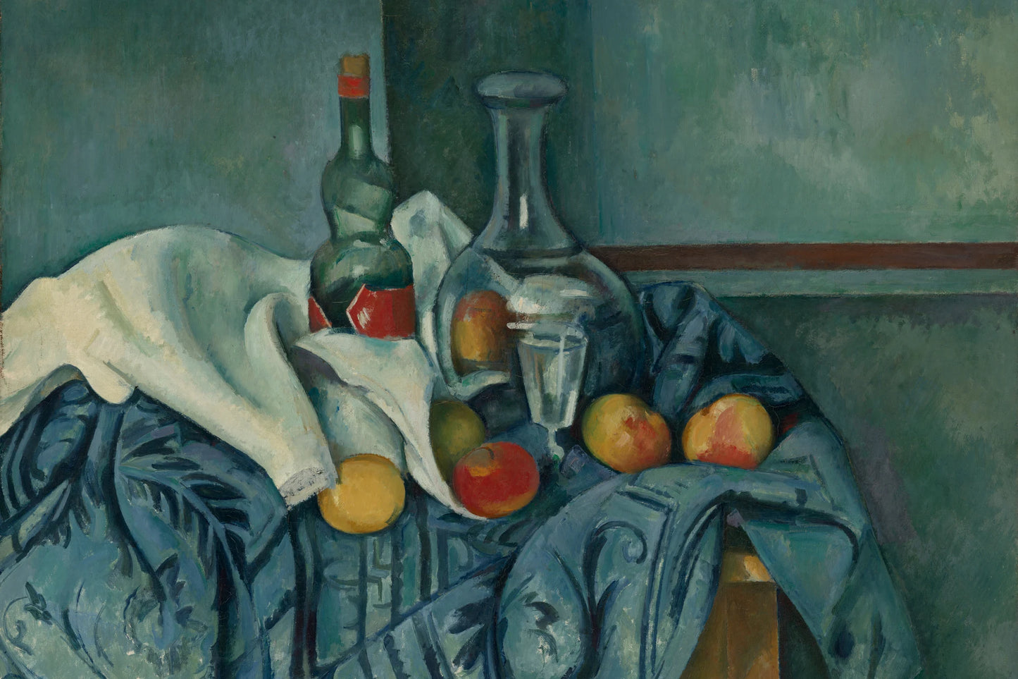 Nature morte bleu-vert avec carafe et étiquette rouge, toile format M