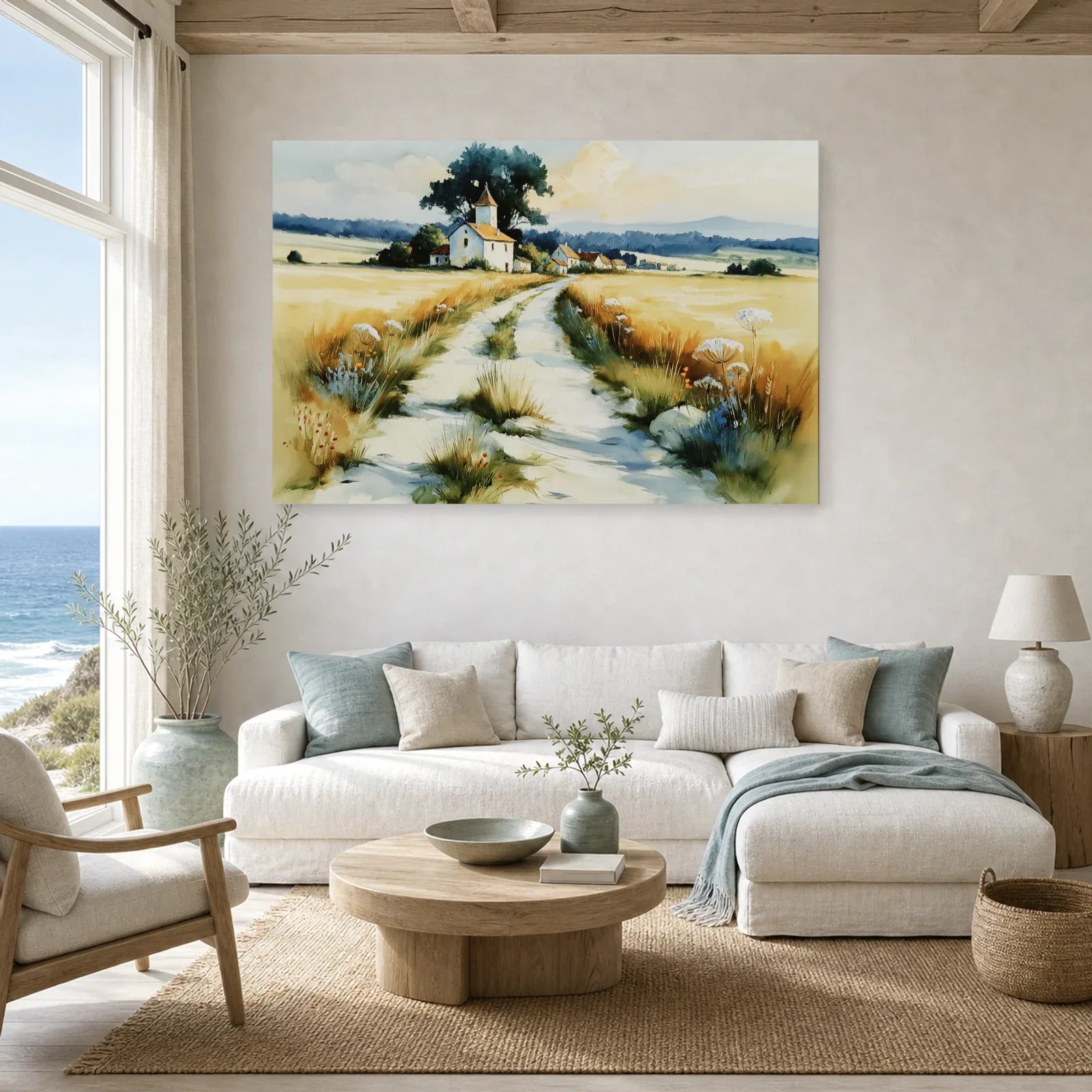 Tableau Campagne Française Peinture - Chemin des Collines dans un salon - Art Virtuoso