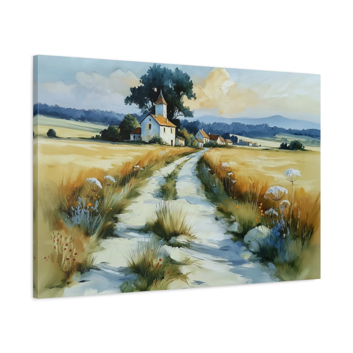 Tableau paysage campagne française avec chemin clair et champs - toile 3D avec bords imprimés visibles