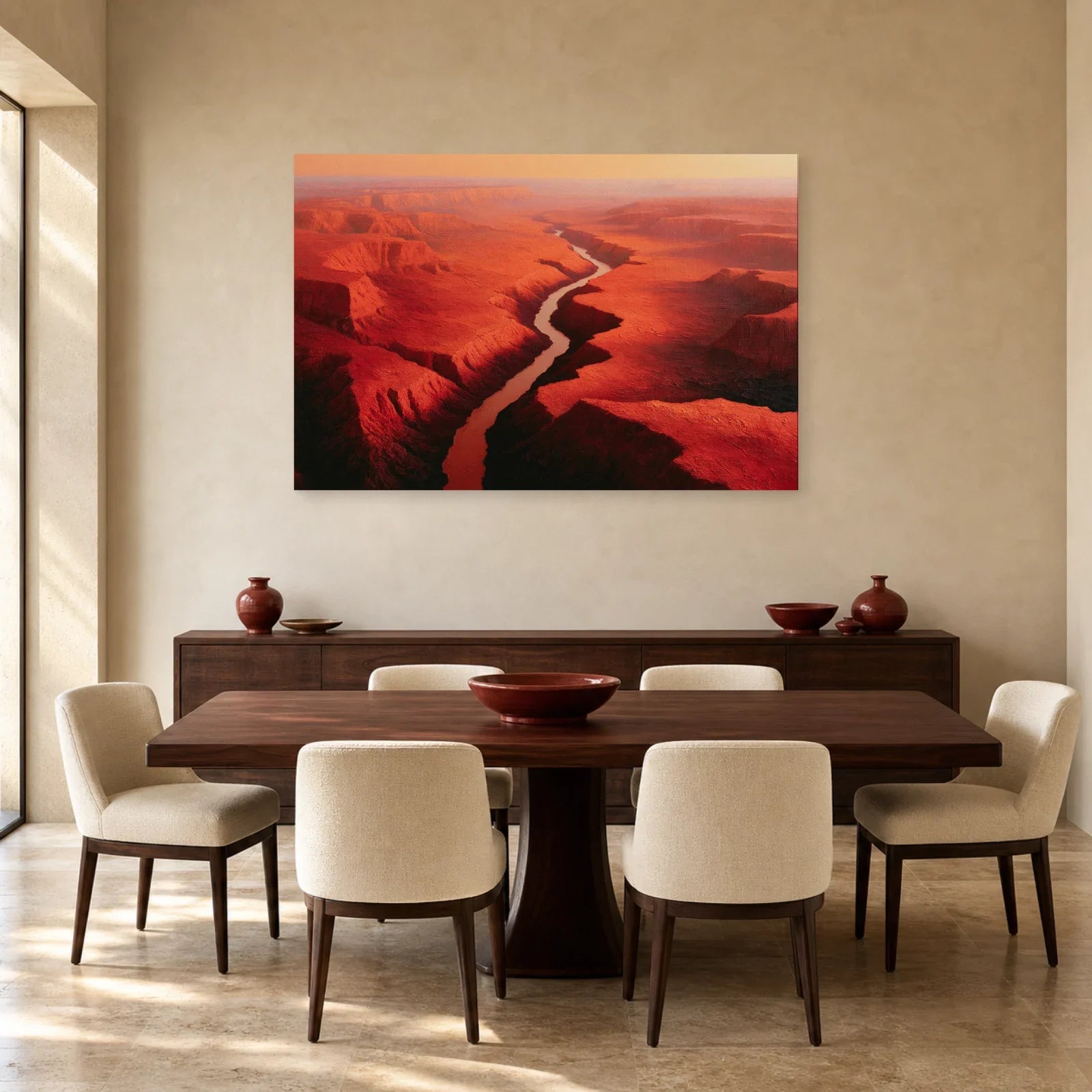 Tableau panorama de canyon rouge présenté dans une salle à manger