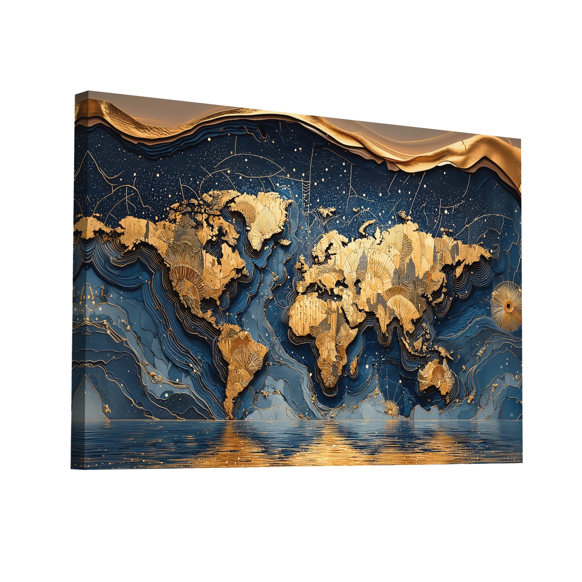Product Hero 3D WebP Tableau Carte du Monde Doré : Atlas Céleste - Art Virtuoso