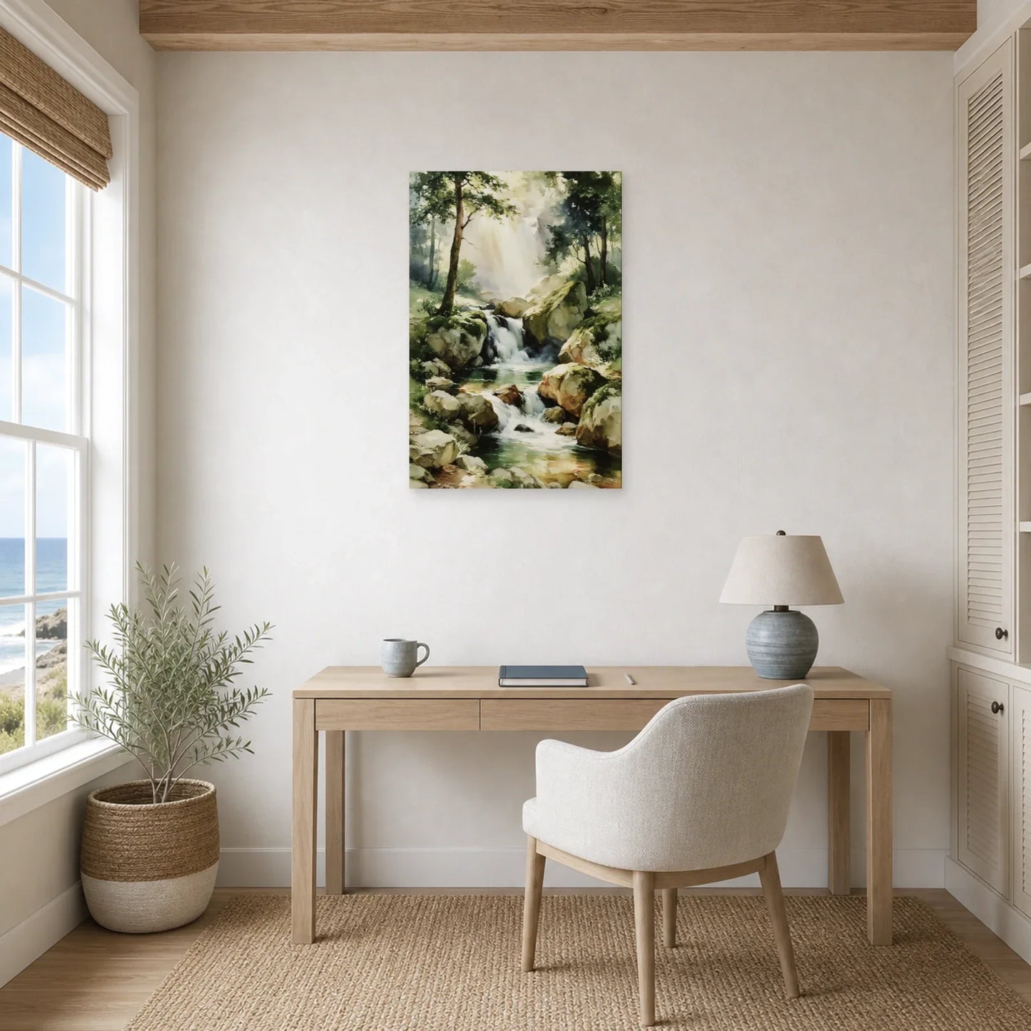 Tableau Cascade Forêt Lumineuse - Source Cachee dans un bureau - Art Virtuoso
