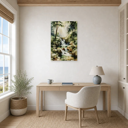 Tableau Cascade Forêt Lumineuse - Source Cachee dans un bureau - Art Virtuoso