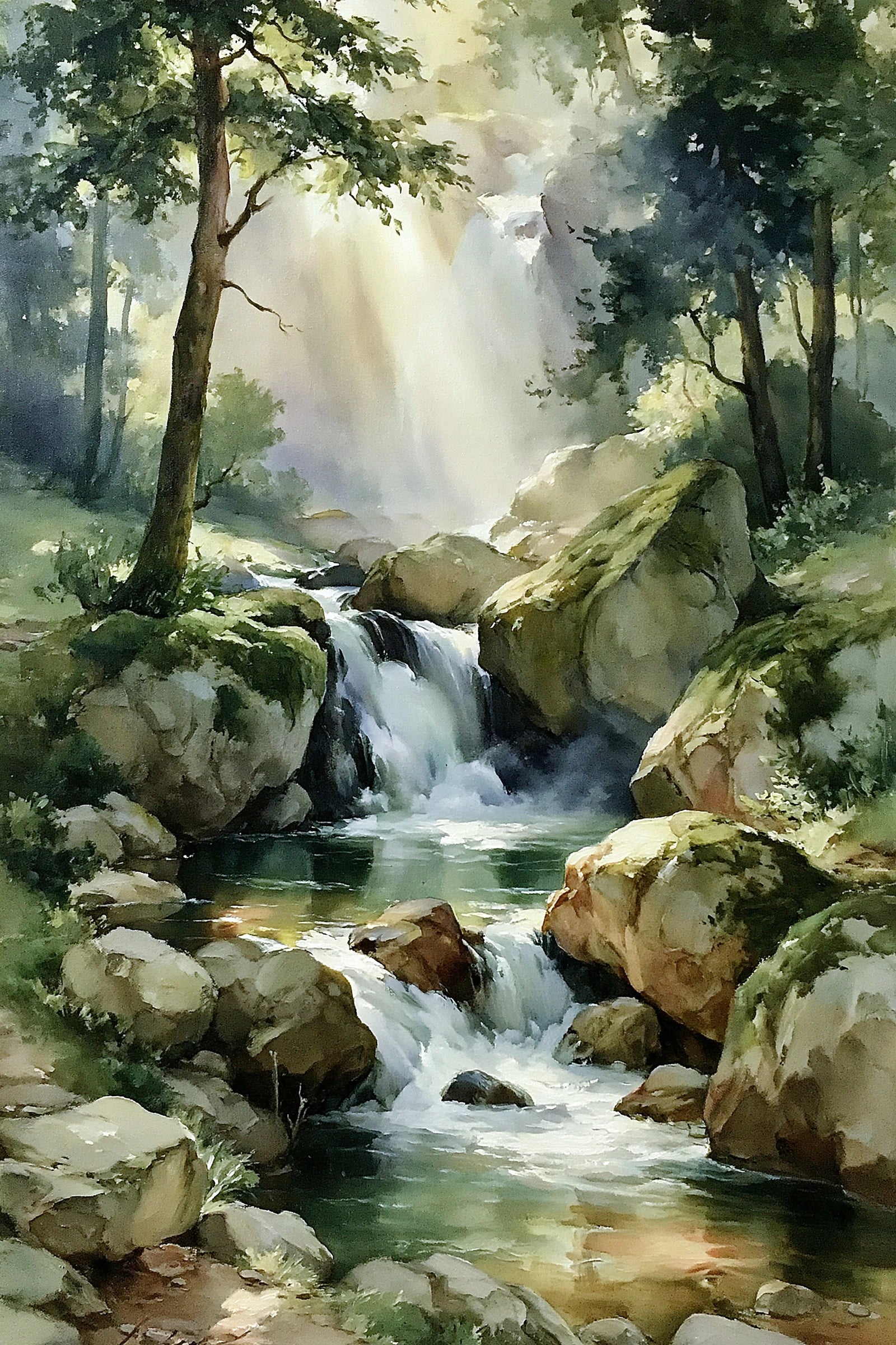 Tableau cascade en forêt lumineuse avec rochers et eau claire - format S