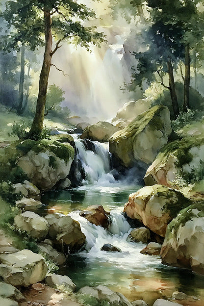 Tableau cascade en forêt lumineuse avec rochers et eau claire - format S