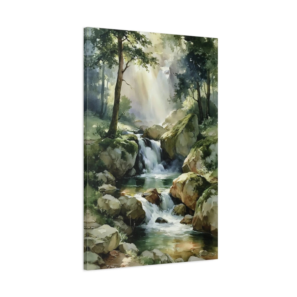 Tableau cascade en forêt lumineuse avec rochers et eau claire - toile 3D avec bords imprimés visibles
