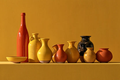 Nature morte aux vases moutarde sur toile horizontale M par Art Virtuoso