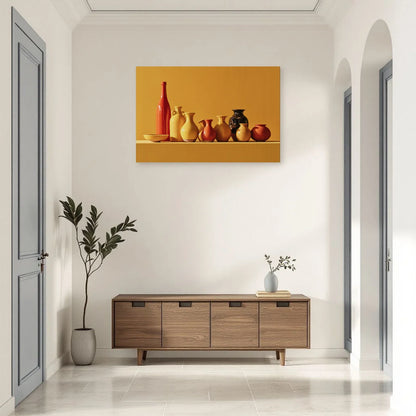 Nature morte moutarde au-dessus d’une console d’entrée par Art Virtuoso
