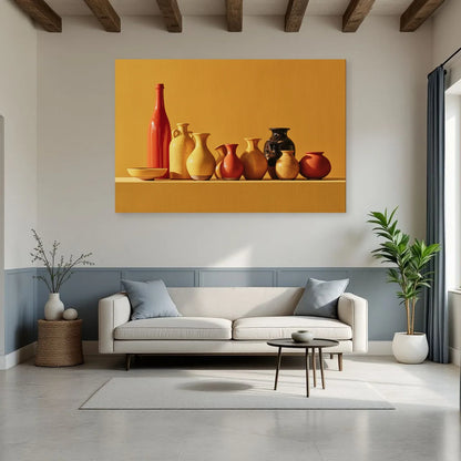 Nature morte aux vases jaunes au-dessus d’un buffet de salon par Art Virtuoso