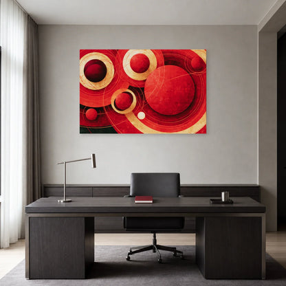 Tableau de sphères carmin et d’orbites présenté dans un bureau
