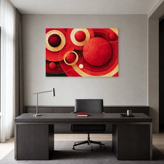 Tableau de sphères carmin et d’orbites présenté dans un bureau